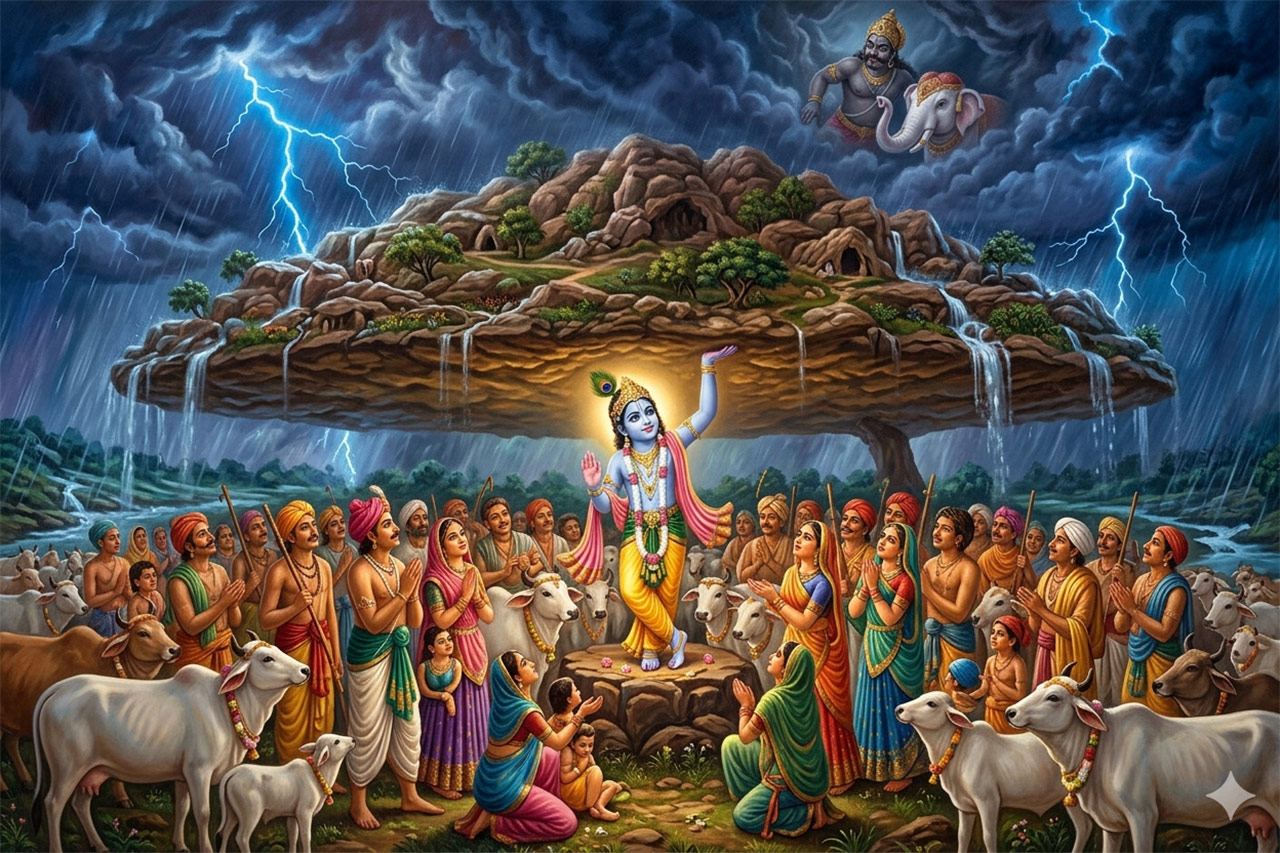 Divine Leela, Sri Krishna Lifting Govardhana Hill